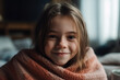 © wetzkaz - young girl child kid woman snuggled up in a blanket at home while relaxing or recovering from an illness or flu or virus. Generative AI