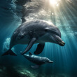 dolphin mother with her calf in the water