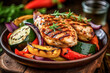 © Nataliia - Grilled chicken breast with grilled vegetables on rustic wooden background.