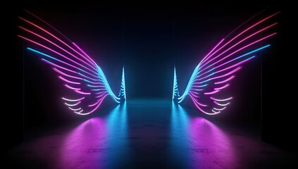 Neon angel wings with pink blue lights, abstract minimalist geometric background, UV spectrum, Cyberspace, futuristic wallpaper
