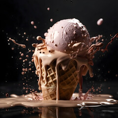Wall Mural - ice cream splashing out of a waffle cone on a dark background