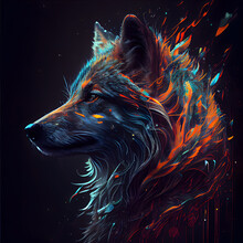 Portrait Of A Wolf With Fire On A Black Background. Illustration.