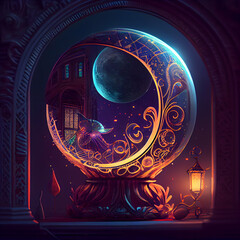 Wall Mural - Magic crystal ball with moon and house on the background of the window