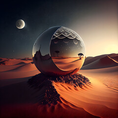 Wall Mural - 3d illustration of a planet in the desert at night with a moon