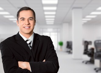 Wall Mural - Portrait of the successful young male businessman in office building