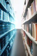 Digital archive. One of storage racks covered with binary code and toned in blue symbolizing keeping information digitally