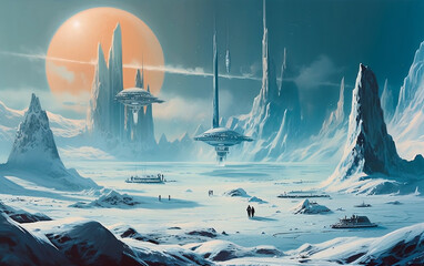 frozen planet, ice sheets, polar region, sci-fi, science fiction illustration (generative ai)