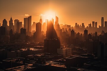 vibrant and colorful city skyline at sunset