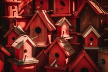 Various Shapes And Designs Of Light Red Birdhouses Background. Generative AI