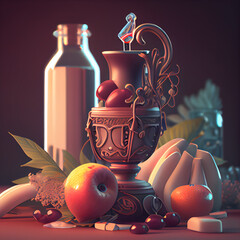 Wall Mural - Still life with fruits and bottle of wine. 3D illustration.