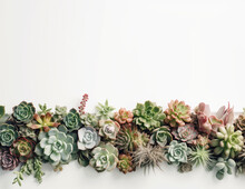 Succulent Plants On White Background, Top Down View Floral Frame Of Succulents Cactus Plants, Modern Banner Plants On A White Surface With Lots Of Copy Space For Text Top View Flat Lay