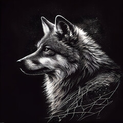 Wall Mural - Portrait of a wolf. Hand drawn illustration on black background.
