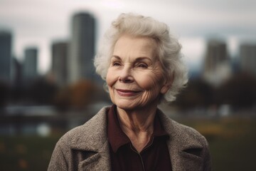 Wall Mural - Portrait of smiling senior woman looking at camera with city in the background