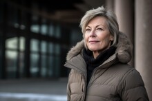 Pet Portrait Photography Of A Pleased Woman In Her 50s Wearing A Warm Parka Against A Modern Architectural Background. Generative AI