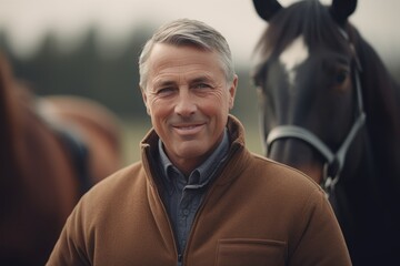 Wall Mural - Portrait of a handsome mature man with a horse in the background