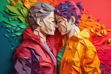 Lesbian Couple Hugging Each Other, Illustration In Paper Art Style For Pride Month. Generative AI