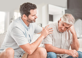 Poster - Its time for me to take care of you. Shot of a son consoling his father at home.