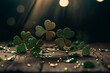 Celebrate St. Patrick's Day with lucky shamrocks, golden bokeh glitter, and the luck of the Irish. Four-leaf clovers abound. Generative AI