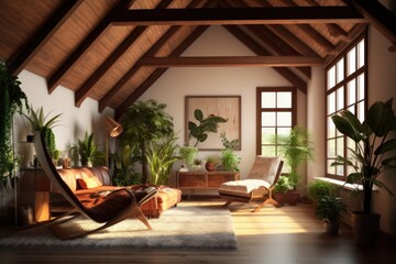 Canvas Print - lush indoor jungle with cozy furniture. Generative AI