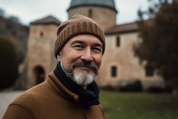 Sticker - Pet portrait photography of a pleased man in his 40s wearing a warm beanie or knit hat against a monastery or spiritual retreat background. Generative AI