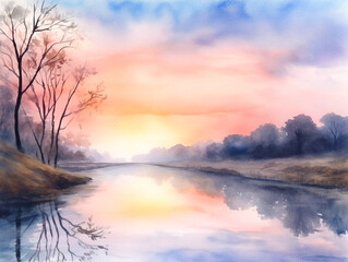 Wall Mural - A painting of a river with a sunset in the background