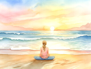 Wall Mural - A watercolor woman sitting on the beach looking at the ocean.