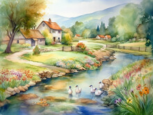 A Watercolor Painting Of A River Scene With Swans Swimming In The River.