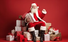 Christmas, Holidays And People Concept - Man In Costume Of Santa Claus With Gift Boxes Over Red Background, Generative AI