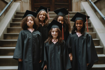 Portrait of group of happy students in graduation gowns standing on stairs. Generative AI