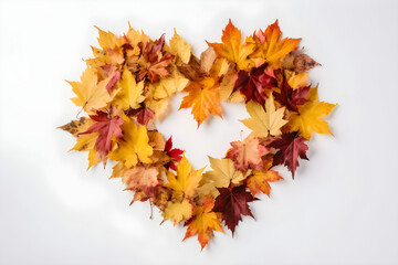 Wall Mural - Creative colorful wreath in form of heart isolated on white background made of natural maple leaves of autumn season in yellow, orange, burgundy. 
Generative AI. 