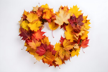 Wall Mural - Creative colorful wreath in form of heart isolated on white background made of natural maple leaves of autumn season in yellow, orange, burgundy. 
Generative AI. 