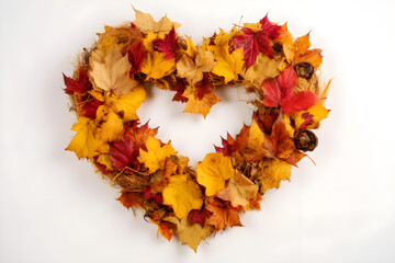 Wall Mural - Creative colorful wreath in form of heart isolated on white background made of natural maple leaves of autumn season in yellow, orange, burgundy. 
Generative AI. 