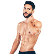 Thinking, healthy or man in underwear for fitness after body workout isolated on transparent png background. Contemplating thought, six pack abs or sexy athlete with muscles in exercise or training