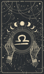Wall Mural - zodiac sign libra hand drawing, vintage boho astrology card for stories, black mystical background w