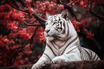 Wall Mural - Close up of a white tiger on a background of red flowers. Generative AI