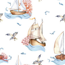 Seamless Pattern Of Sailing Ship Vintage Style Watercolor Illustration Isolated On White. Sailboat, Vessel On Waves, Coral, Fish Hand Drawn. Childish Design Element, Wallpaper, Printed Products