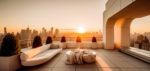 Beautiful luxury terrace with amazing panoramic views of the Manhattan NYC skyline. A great place to watch a golden cityscape sunset. (generative AI)