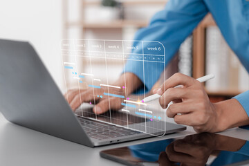 Wall Mural - Businessman managing KPI dashboard table and connecting to database Financial organization strategy. Management of planning software on interface screen.