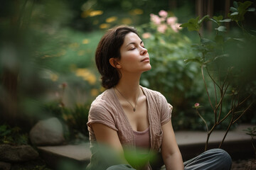 woman practices yoga and meditates in the nature. Generative AI