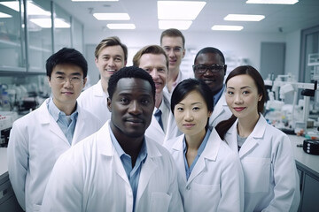 Professional multiethnic medical staff looking at camera in modern equipped lab. Diverse team of scientists in white coats smiling at camera working together in hospital laboratory. Generative AI