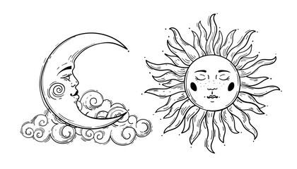 Wall Mural - sun and moon crescent with cloud, vintage boho line drawing for astrology, celestial mythological sy