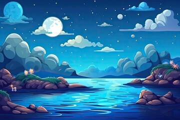 Poster - serene night scene with a moonlit sky and a reflection on the water. Generative AI