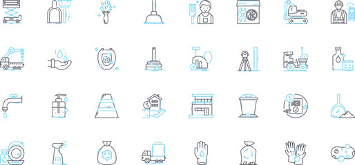 Domestic cleaning linear icons set. Tidy, Scrub, Mop, Dust, Sweep, Polish, Wash line vector and concept signs. Sanitize,Organize,Vacuum outline illustrations Generative AI
