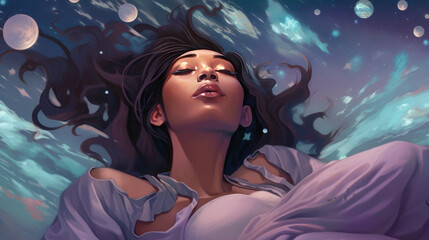 Wall Mural - lucid dreaming astral projection close up woman meditation illustration generative ai