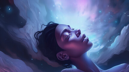 Wall Mural - lucid dreaming astral projection close up woman meditation illustration generative ai