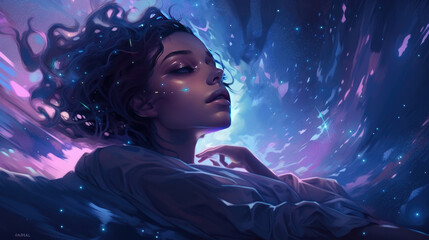 Wall Mural - lucid dreaming astral projection close up woman meditation illustration generative ai