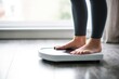 © InputUX - Closeup of woman standing on bathroom scale, monitoring her weight and progress towards fitness goals, generative ai
