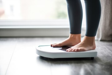 Closeup of woman standing on bathroom scale, monitoring her weight and progress towards fitness goals, generative ai