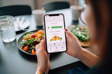 Person using smartphone app to track calories and macronutrients, managing diet and maintaining healthy lifestyle, generative ai