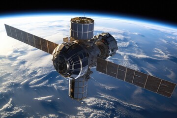 Wall Mural - futuristic space station orbiting around the earth with a beautiful view of the planet. generative a